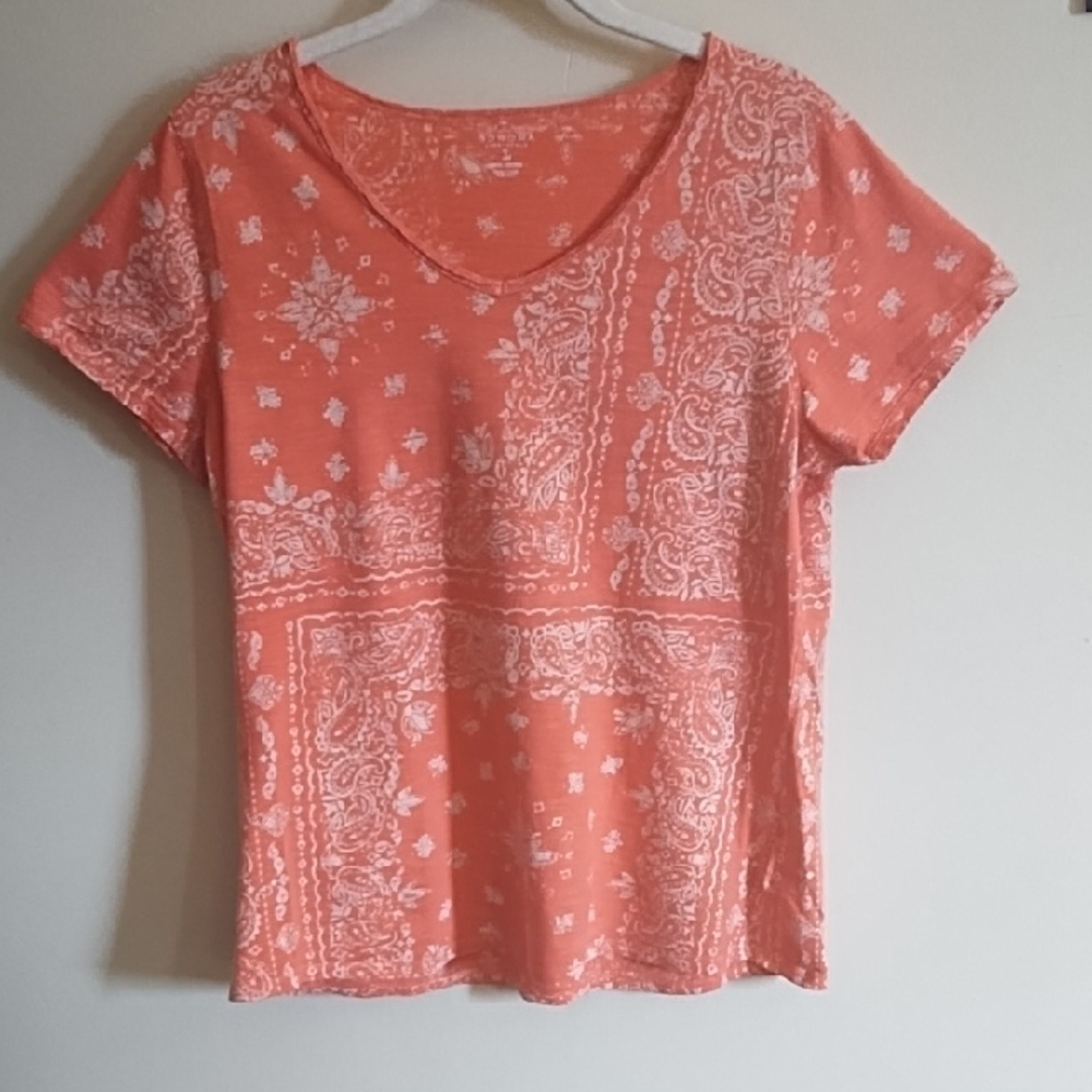 ORANGE & WHITE PRINT T-SHIRT,    100% COTTON,  SZ L. EUC